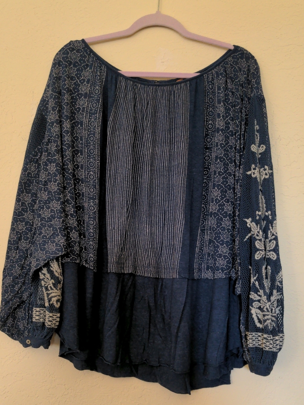 Free People Blue Mixed Print Embroidered Boho Peasant Blouse Size Large